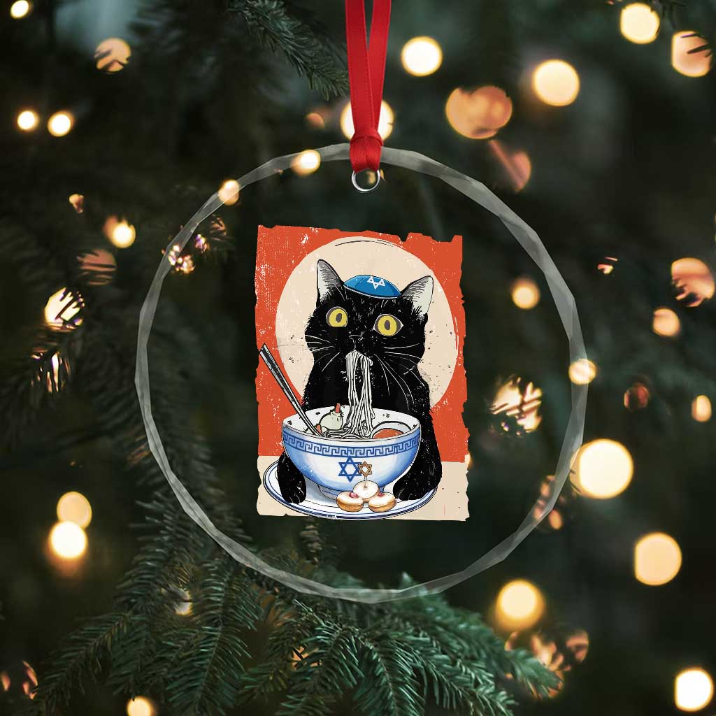 Funny Hanukkah Black Cat Eating Noodle Crystal Glass Ornament TS11