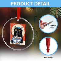 Funny Hanukkah Black Cat Eating Noodle Crystal Glass Ornament TS11