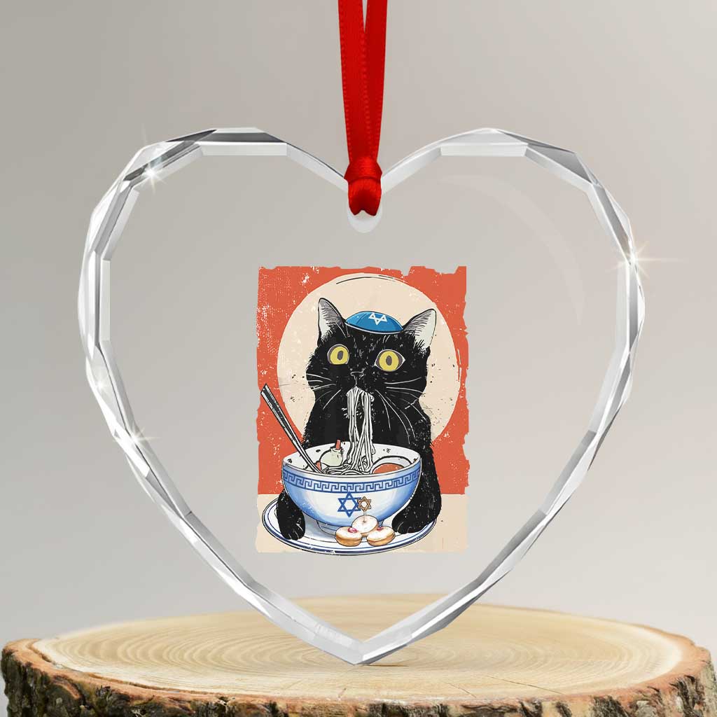 Funny Hanukkah Black Cat Eating Noodle Heart Crystal Glass Ornament - Wonder Print Shop