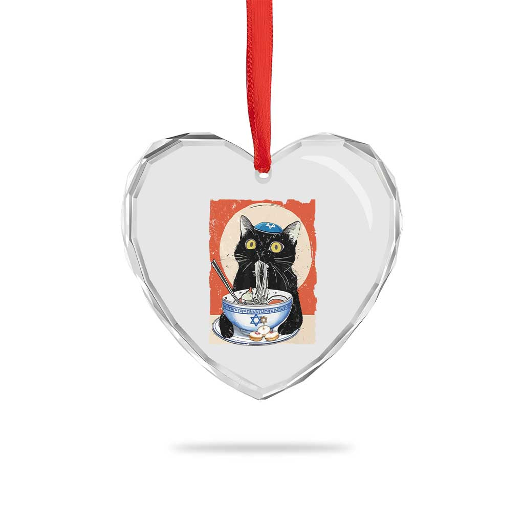 Funny Hanukkah Black Cat Eating Noodle Heart Crystal Glass Ornament - Wonder Print Shop