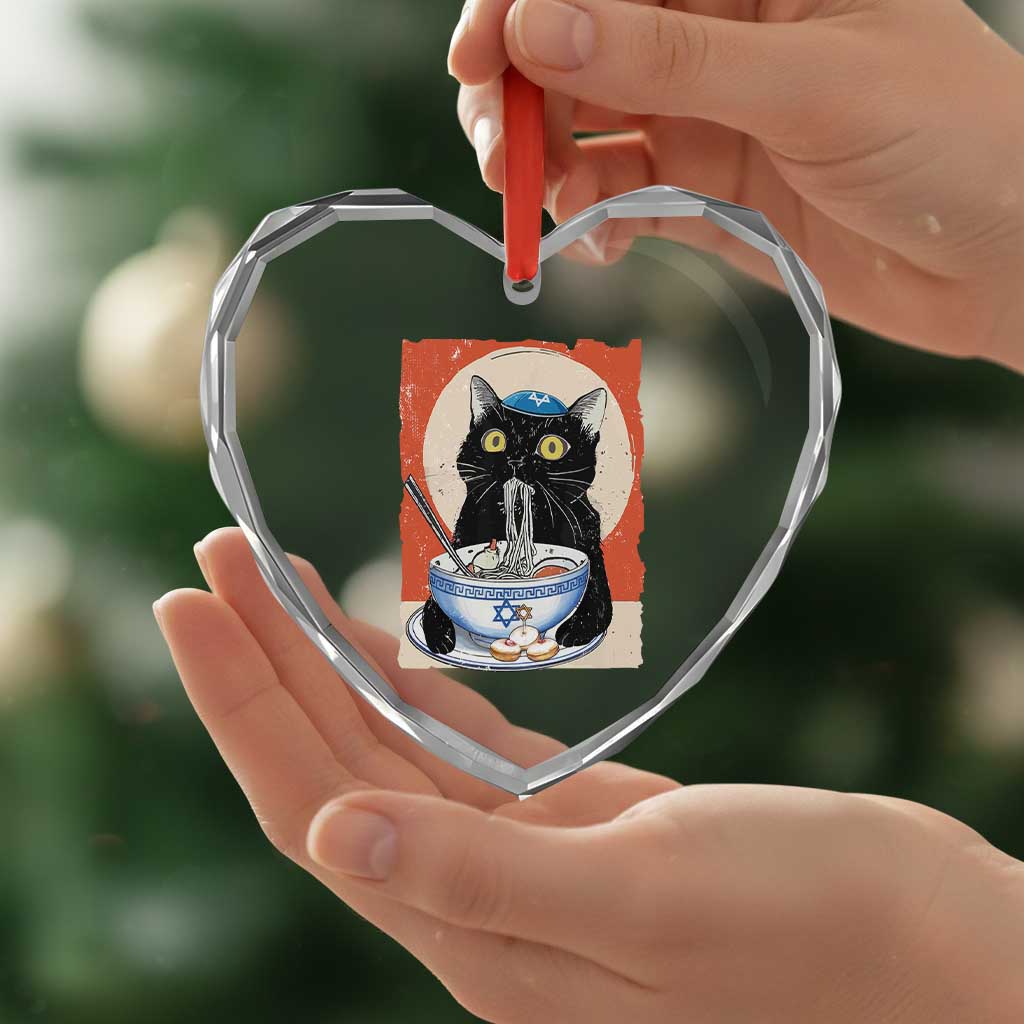 Funny Hanukkah Black Cat Eating Noodle Heart Crystal Glass Ornament - Wonder Print Shop