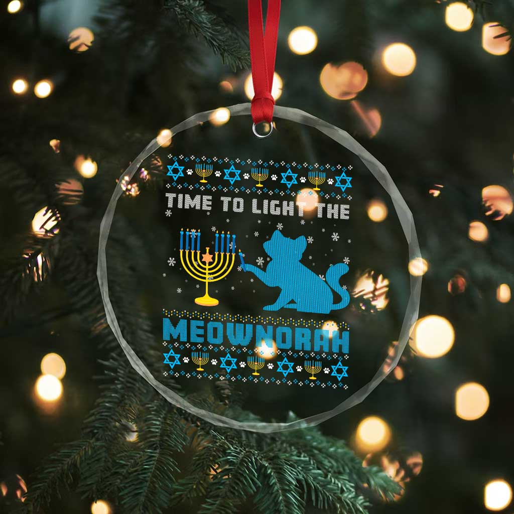 Funny Hanukkah Cat Crystal Glass Ornament Light The Meownorah Jewish Menorah Chanukah TS02