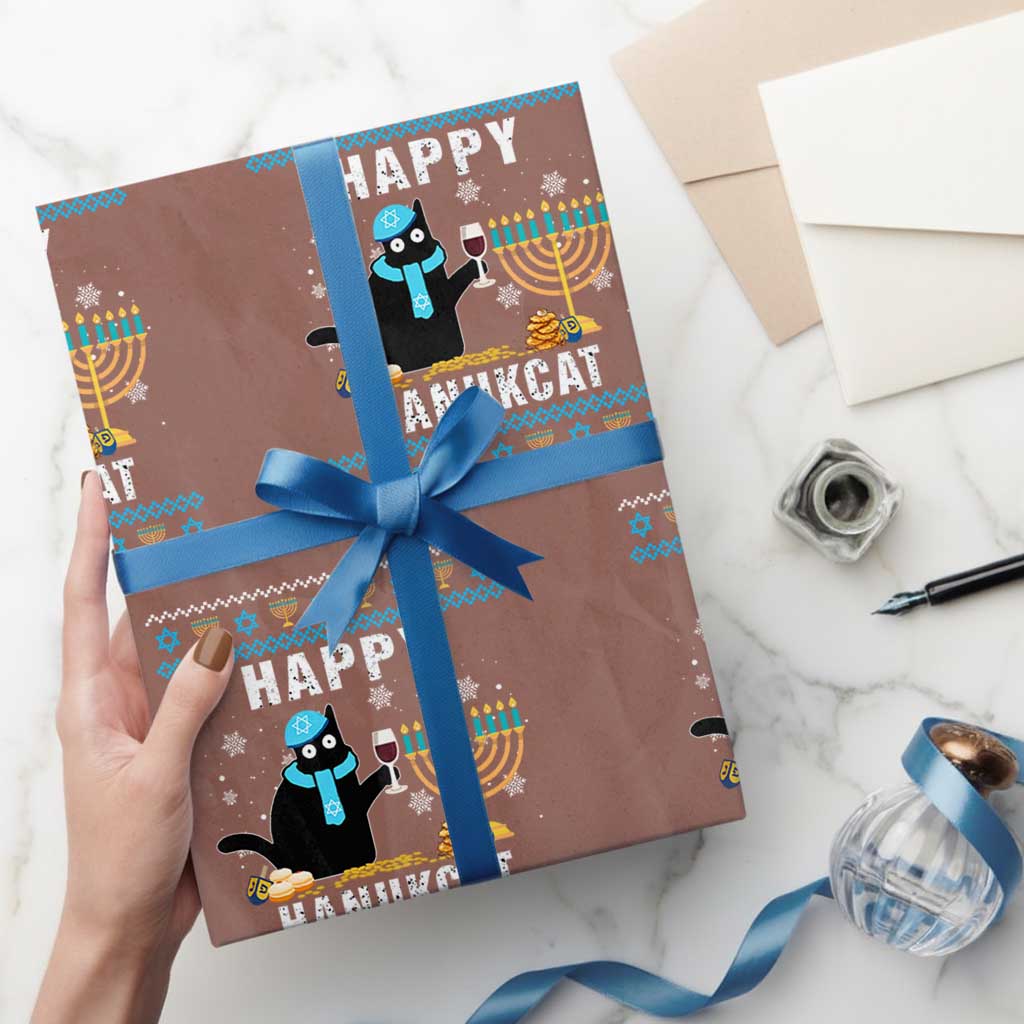 Funny Hanukkah Cat Wrapping Paper Roll Happy Hanukcat Drinking Black Cat Jewish Menorah Chanukah
