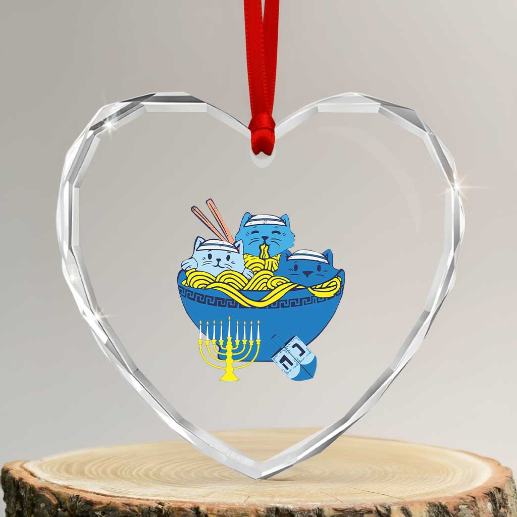Funny Hanukkah Cat Heart Crystal Glass Ornament Kawaii Cat Eating Ramen Anime Jewish Kitten - Wonder Print Shop