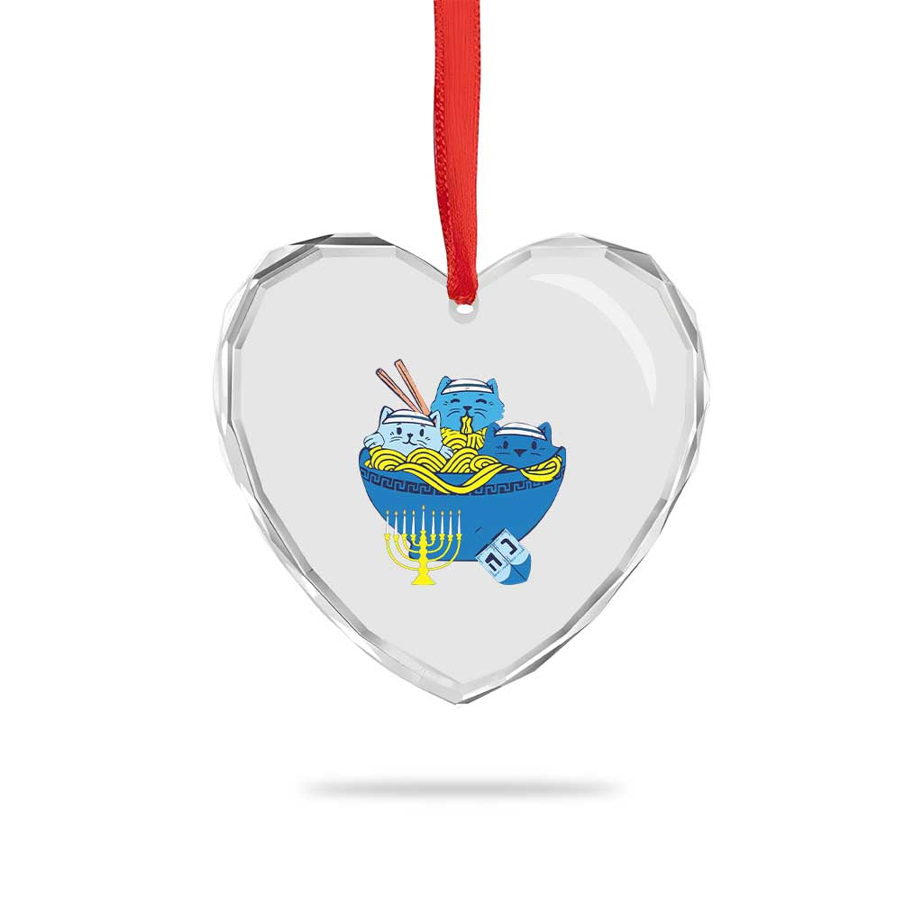 Funny Hanukkah Cat Heart Crystal Glass Ornament Kawaii Cat Eating Ramen Anime Jewish Kitten - Wonder Print Shop