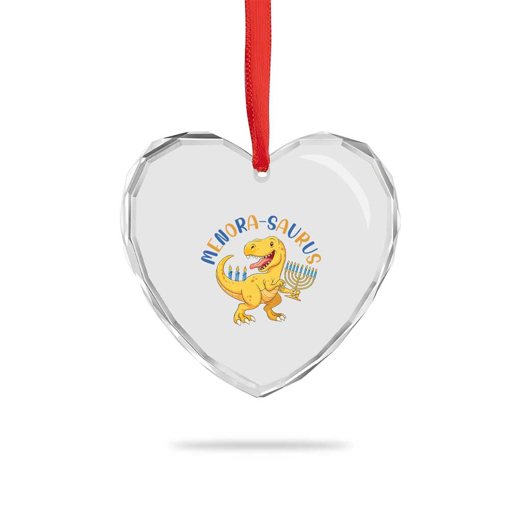 Funny Hanukkah Dinosaur Celebration Festival Of Lights Gift Heart Crystal Glass Ornament Menorasaurus - Wonder Print Shop