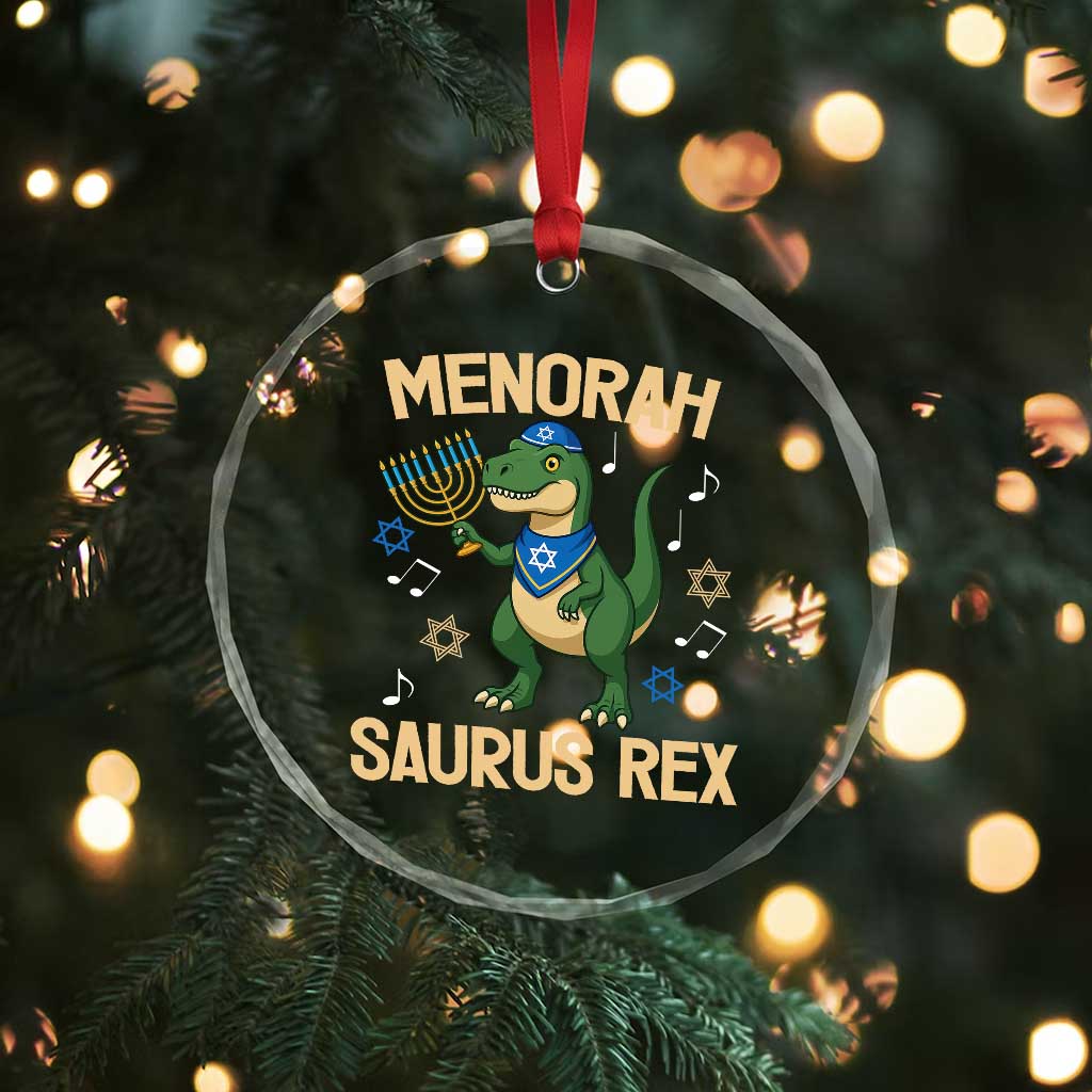 Funny Hanukkah Dinosaur Lover Crystal Glass Ornament Menorasaurus Rex Festival Of Lights Gift - Wonder Print Shop
