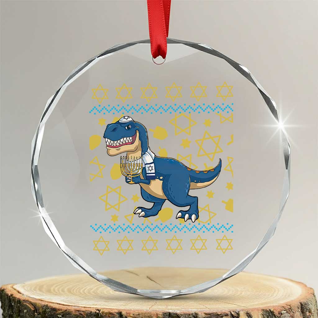 Funny Hanukkah Dinosaur Lover Ugly Sweater Crystal Glass Ornament Festival Of Lights Gift - Wonder Print Shop