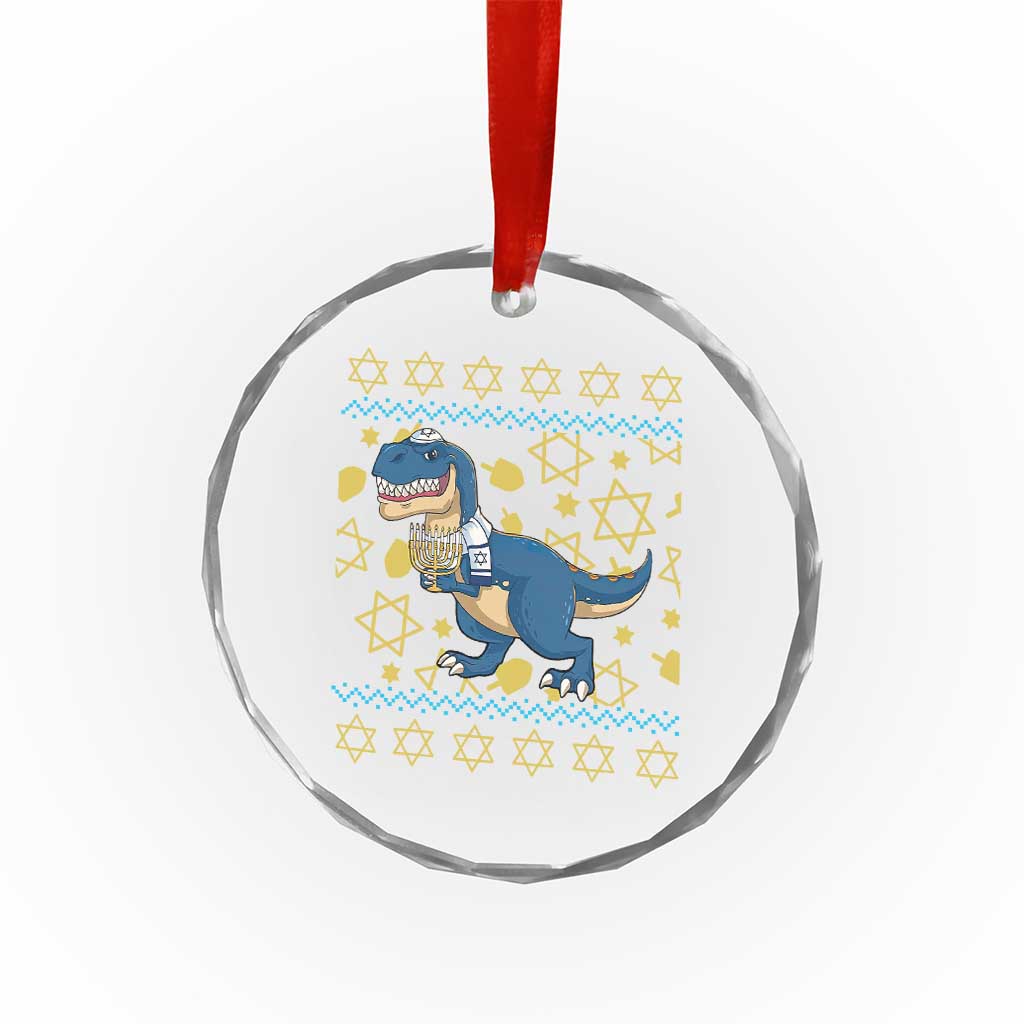 Funny Hanukkah Dinosaur Lover Ugly Sweater Crystal Glass Ornament Festival Of Lights Gift - Wonder Print Shop