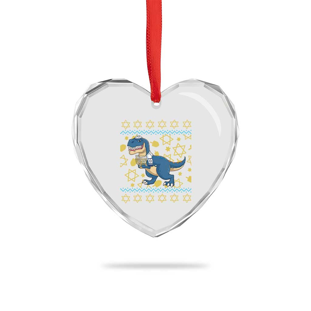 Funny Hanukkah Dinosaur Lover Ugly Sweater Heart Crystal Glass Ornament Festival Of Lights Gift - Wonder Print Shop