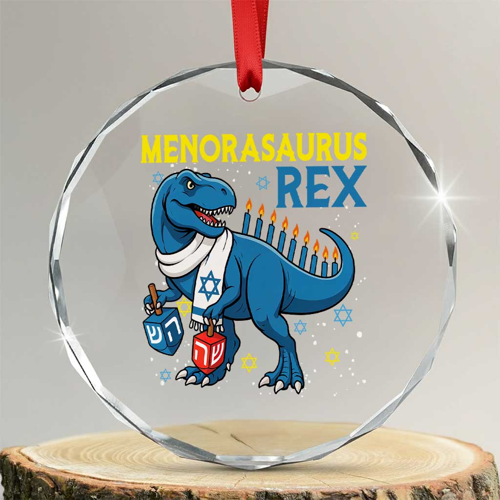 Funny Hanukkah Dinosaur With Dreidel Menorah Pun Gift Crystal Glass Ornament Menorasaurus Rex - Wonder Print Shop