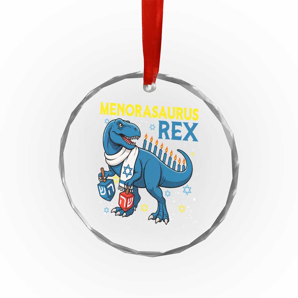 Funny Hanukkah Dinosaur With Dreidel Menorah Pun Gift Crystal Glass Ornament Menorasaurus Rex - Wonder Print Shop