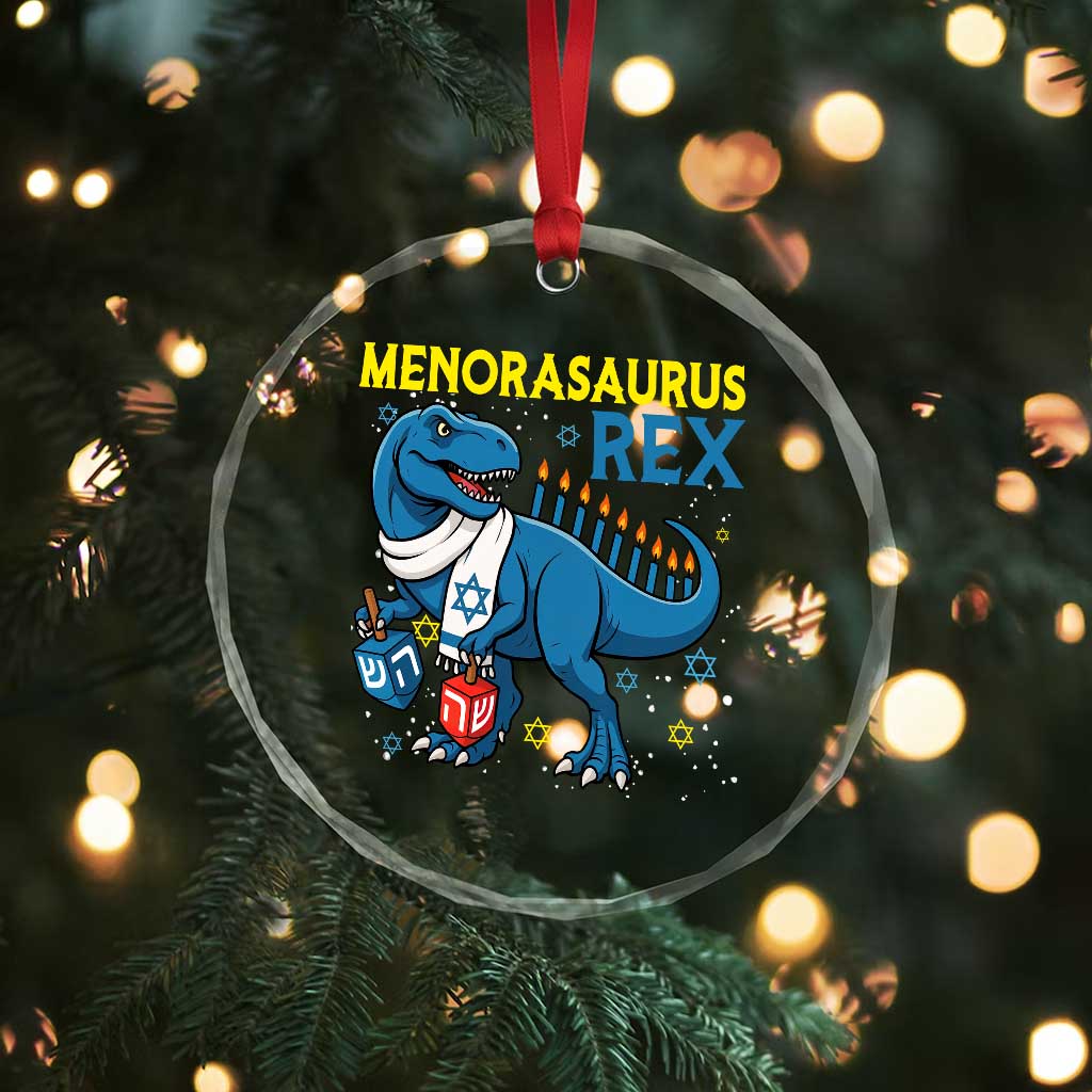 Funny Hanukkah Dinosaur With Dreidel Menorah Pun Gift Crystal Glass Ornament Menorasaurus Rex - Wonder Print Shop