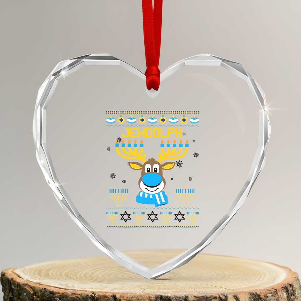Funny Hanukkah Heart Crystal Glass Ornament Jewdolph Jewish Reindeer Menorah - Wonder Print Shop