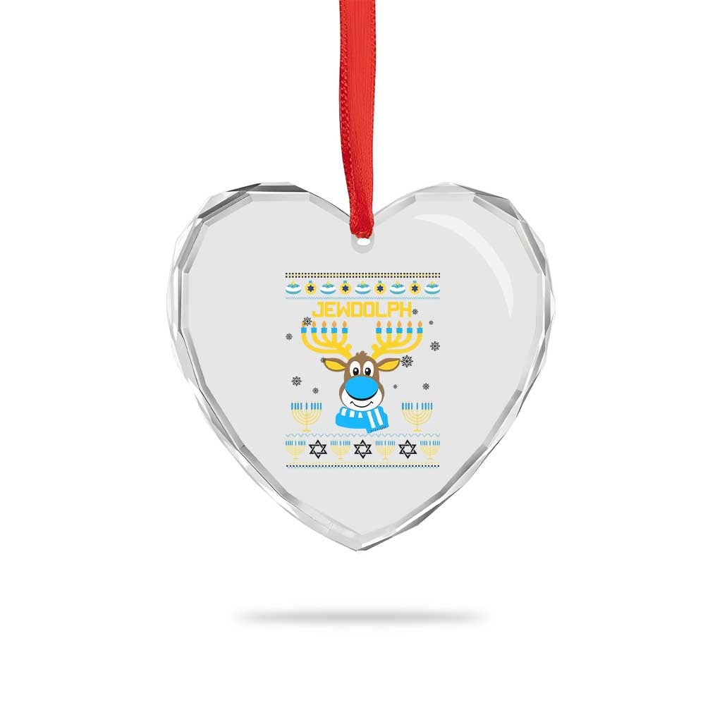 Funny Hanukkah Heart Crystal Glass Ornament Jewdolph Jewish Reindeer Menorah - Wonder Print Shop