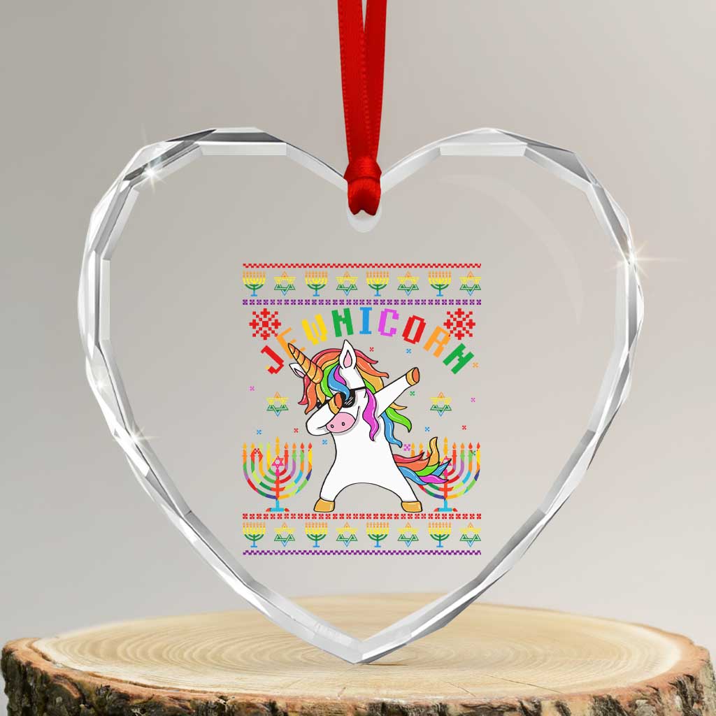 Funny Hanukkah Heart Crystal Glass Ornament Jewnicorn Jewish Unicorn Rainbow - Wonder Print Shop