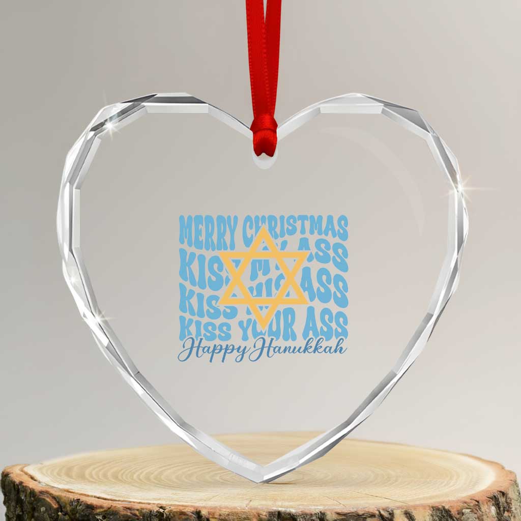 Funny Hanukkah Heart Crystal Glass Ornament Kiss My Ass Kiss His Ass Kiss Your Ass - Wonder Print Shop