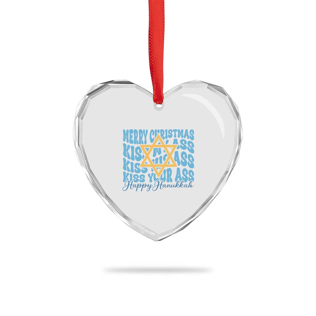 Funny Hanukkah Heart Crystal Glass Ornament Kiss My Ass Kiss His Ass Kiss Your Ass - Wonder Print Shop