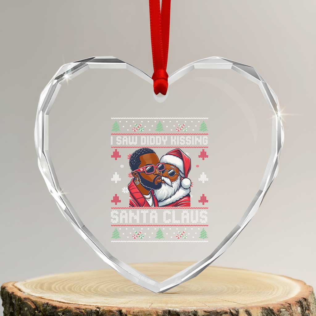 Funny Heart Crystal Glass Ornament Funy Dirty I Saw Diddy Kissing Santa Claus Ugly Xmas Sweater - Wonder Print Shop