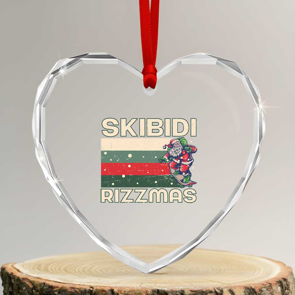 Funny Heart Crystal Glass Ornament Skibidi Rizzmas Rizz Santa Clause Skating Board Xmas Retro Stripe - Wonder Print Shop