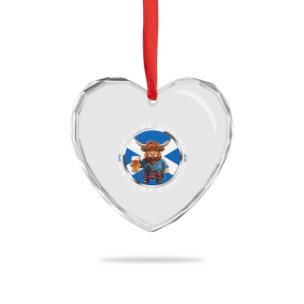 Funny Highland Cow in Kilt Drinking Heart Crystal Glass Ornament We'll Be Coming Scottish Pride Football Fans - Wonder Print Shop