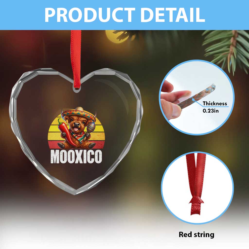 Funny Highland Cow MooXico Heart Crystal Glass Ornament Cinco De Mayo Fiesta Party