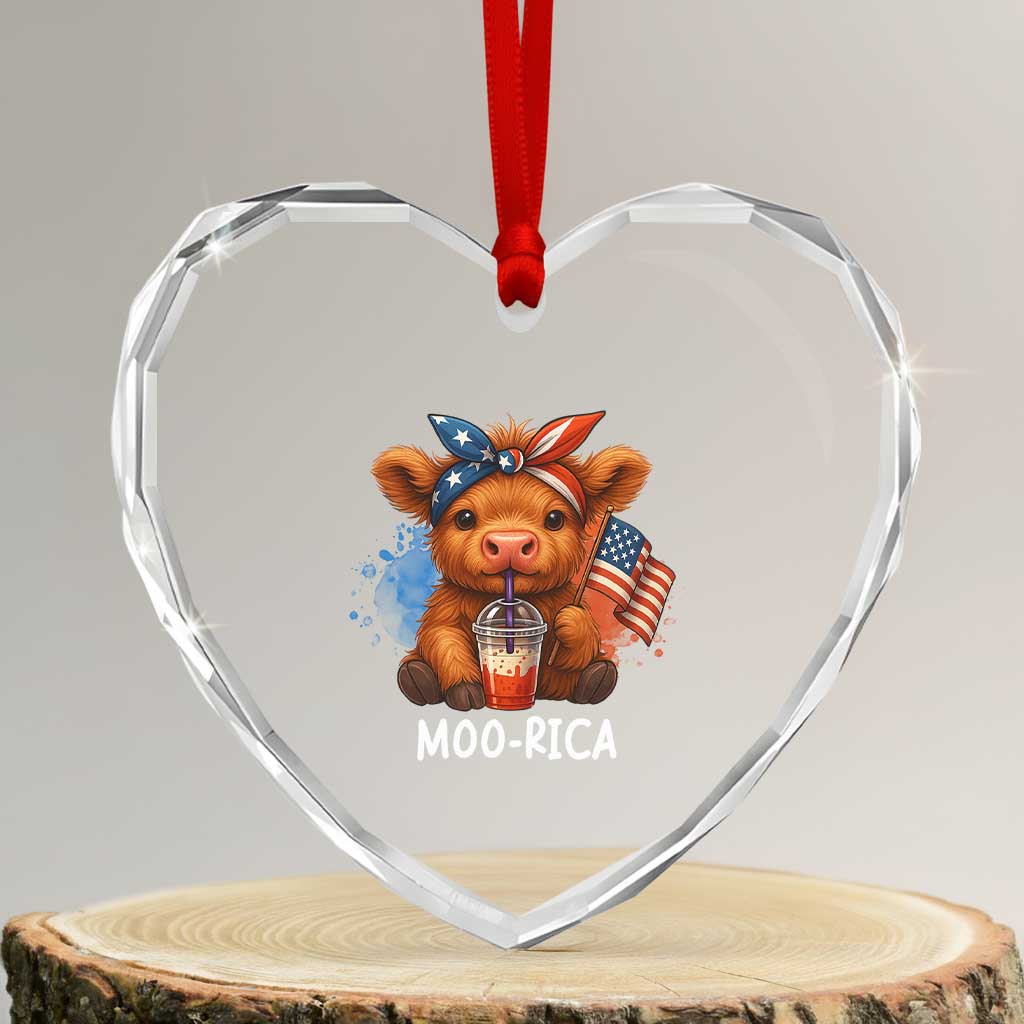 Funny Highland Cow Patriotic Heart Crystal Glass Ornament Moo Rica USA Flag Cow Farmer - Wonder Print Shop