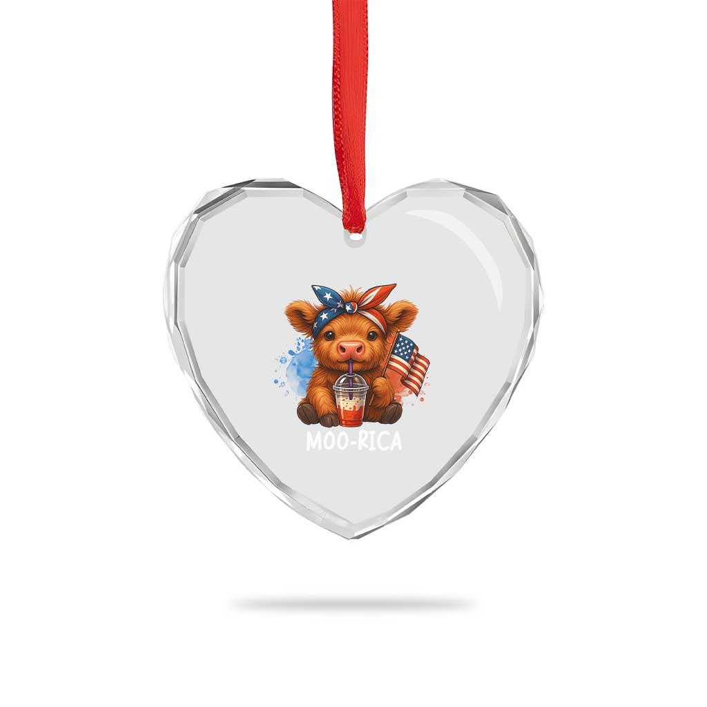 Funny Highland Cow Patriotic Heart Crystal Glass Ornament Moo Rica USA Flag Cow Farmer - Wonder Print Shop