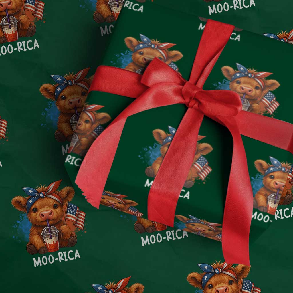 Funny Highland Cow Patriotic Wrapping Paper Roll Moo Rica USA Flag Cow Farmer - Wonder Print Shop