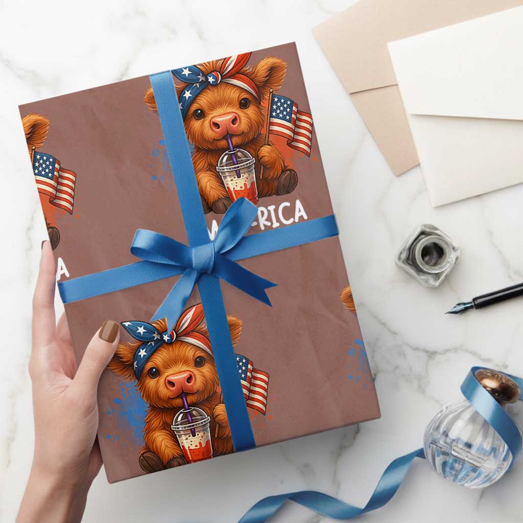 Funny Highland Cow Patriotic Wrapping Paper Roll Moo Rica USA Flag Cow Farmer - Wonder Print Shop