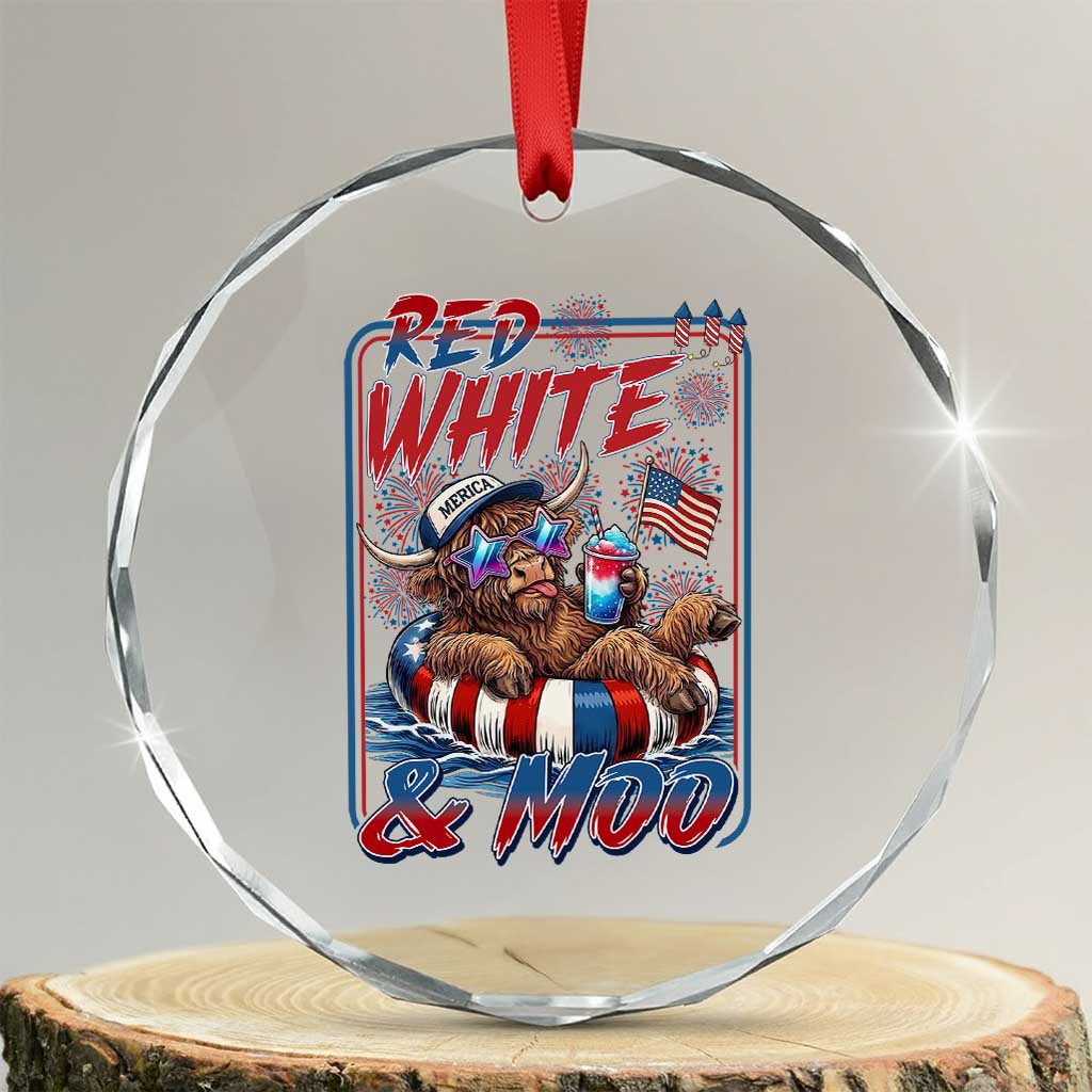 Funny Highland Cow Pool Party 4th Of July Crystal Glass Ornament Red White And Moo