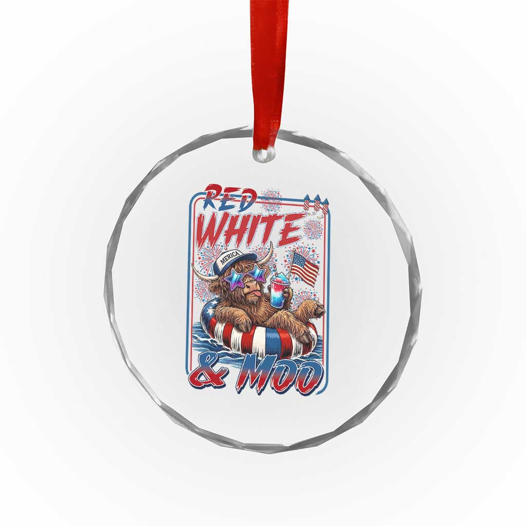Funny Highland Cow Pool Party 4th Of July Crystal Glass Ornament Red White And Moo