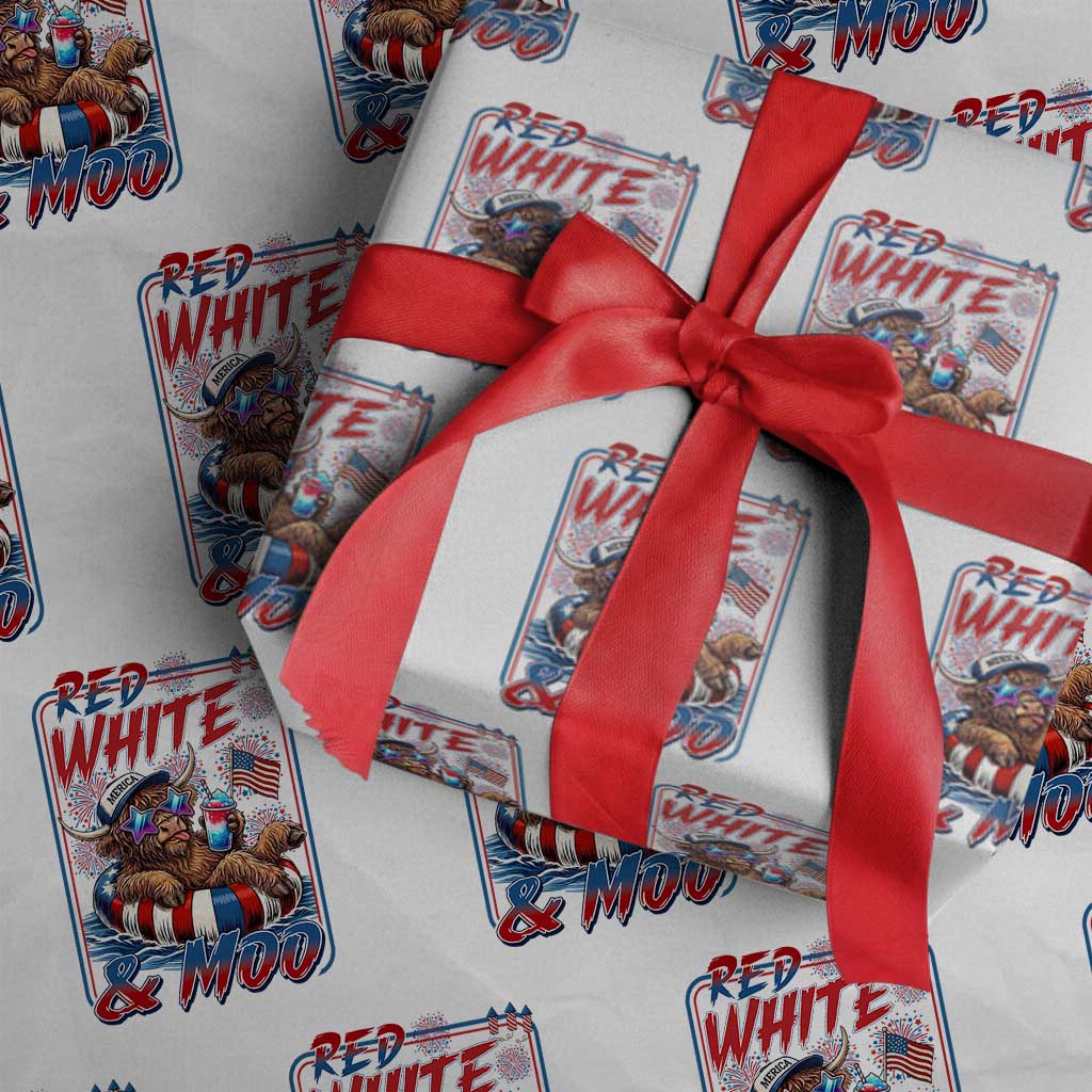 Funny Highland Cow Pool Party 4th Of July Wrapping Paper Roll Red White And Moo