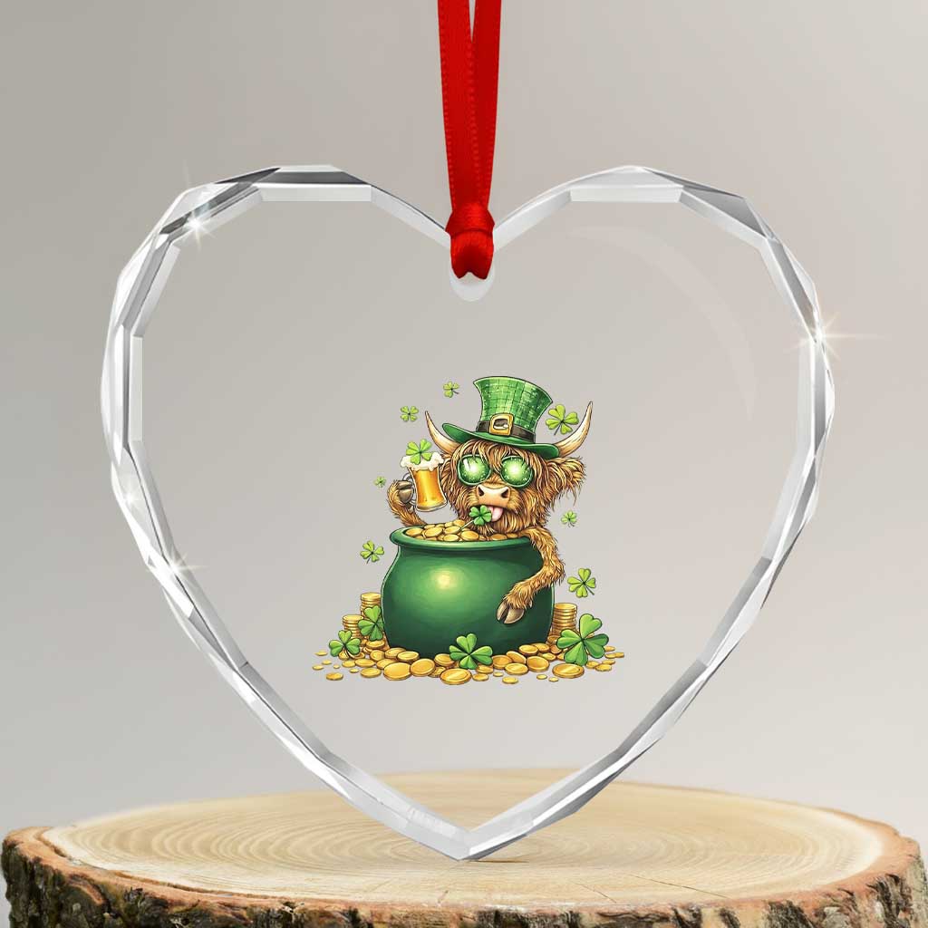 Funny Highland Cow St Patricks Day Heart Crystal Glass Ornament Farm Lover Gift