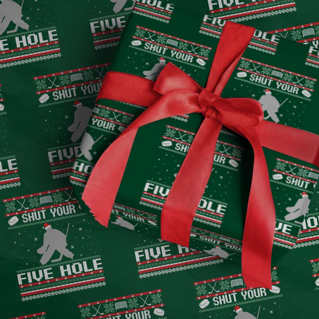 Funny Hockey Goalie Ugly Christmas Gift Wrapping Paper Roll Shut Your Five Hole - Wonder Print Shop