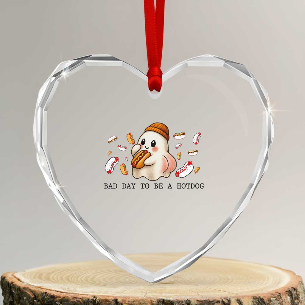 Funny Hot Dog Ghost Halloween Heart Crystal Glass Ornament Bad Day To Be A Hotdog - Wonder Print Shop