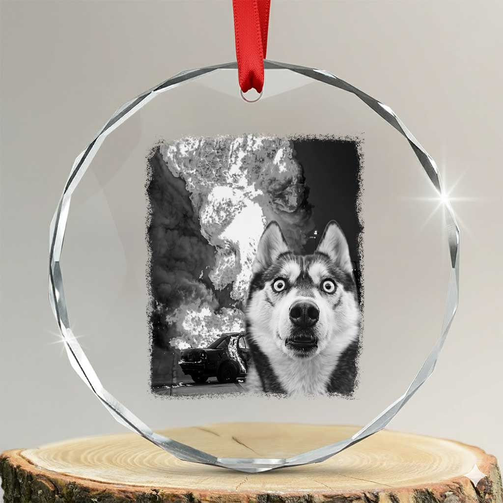 Funny Husky Chaos Crystal Glass Ornament Cool Dog Selfie With Burning Car