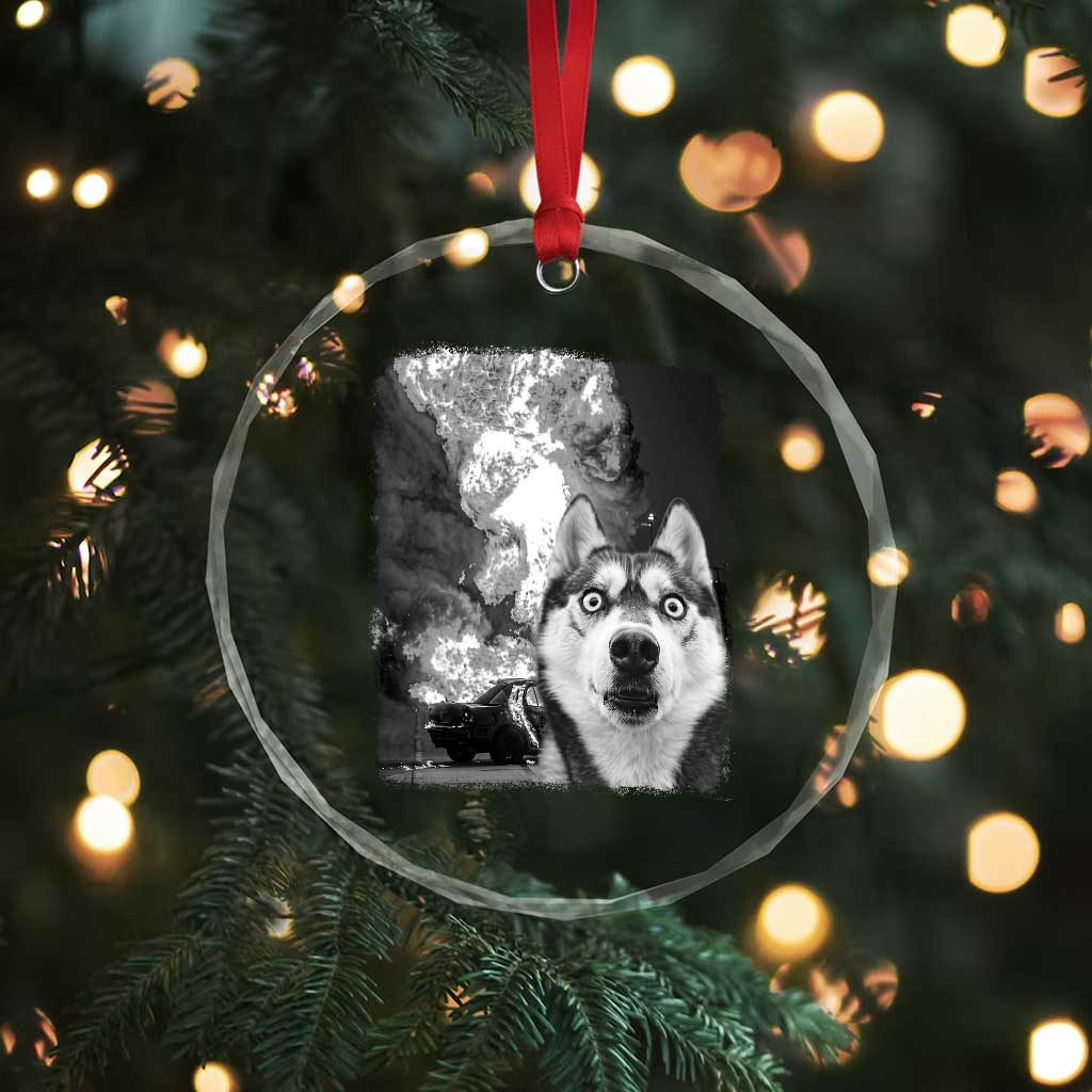 Funny Husky Chaos Crystal Glass Ornament Cool Dog Selfie With Burning Car