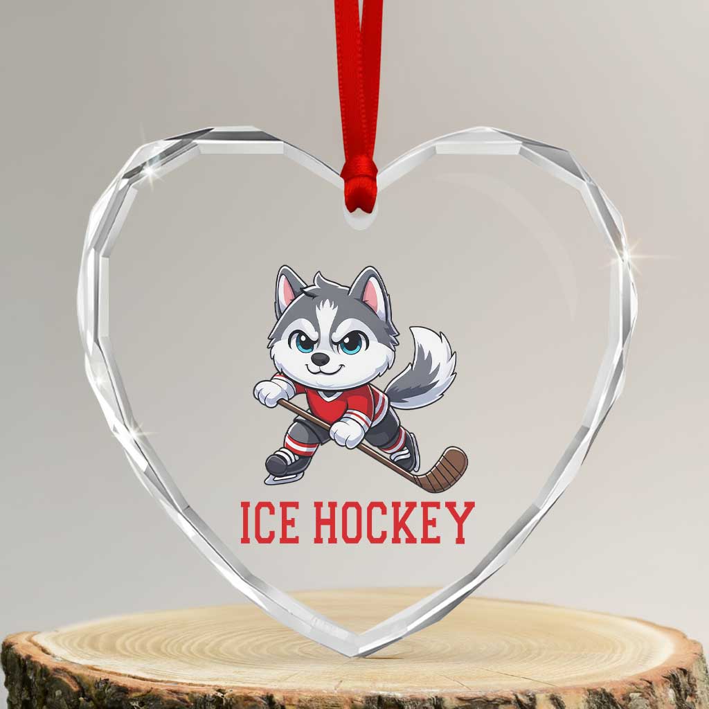 Funny Husky Playing Ice Hockey Heart Crystal Glass Ornament Gift For Dog Lovers - Wonder Print Shop