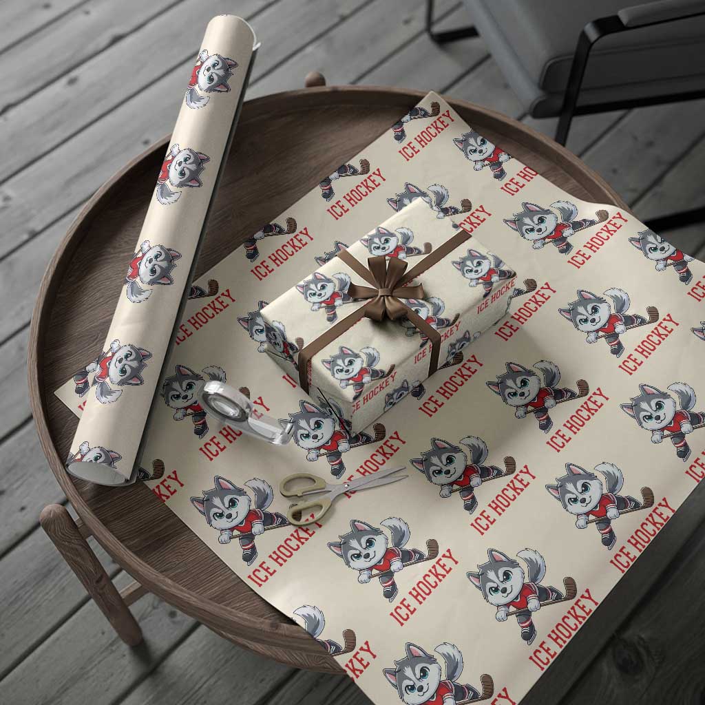 Funny Husky Playing Ice Hockey Wrapping Paper Roll Gift For Dog Lovers - Wonder Print Shop