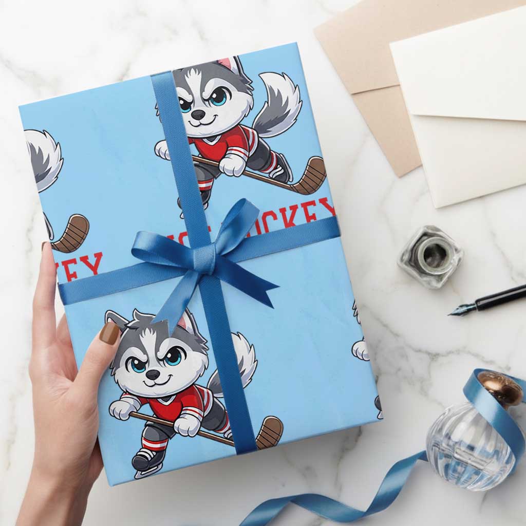 Funny Husky Playing Ice Hockey Wrapping Paper Roll Gift For Dog Lovers - Wonder Print Shop