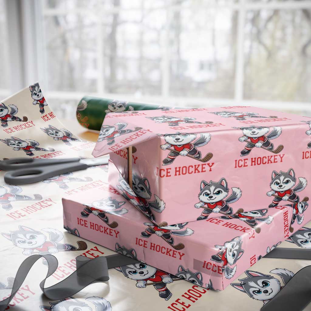 Funny Husky Playing Ice Hockey Wrapping Paper Roll Gift For Dog Lovers - Wonder Print Shop