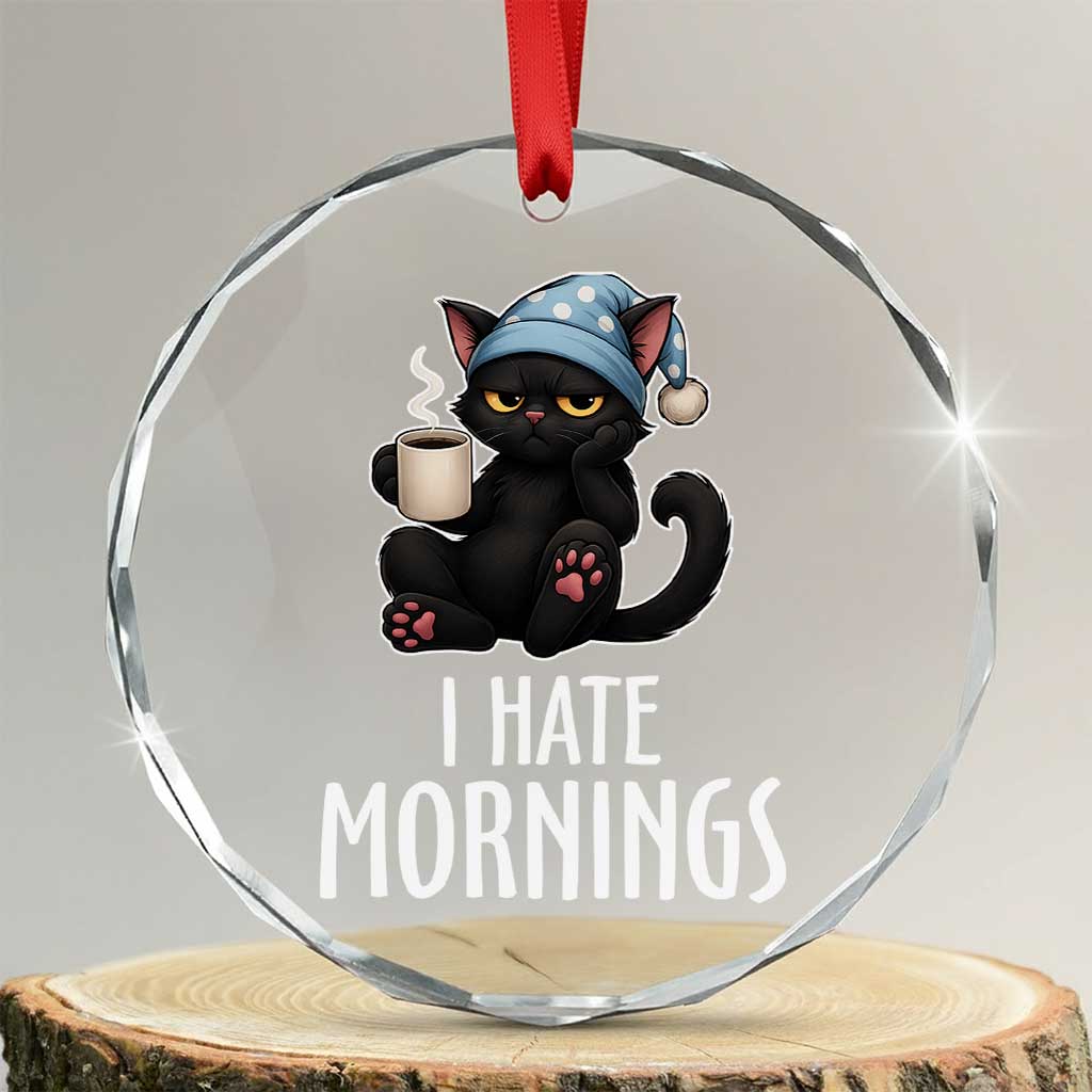 Funny I Hate Mornings Crystal Glass Ornament Cute Lazy Cat Drink Coffee - Wonder Print Shop