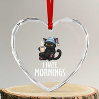 Funny I Hate Mornings Heart Crystal Glass Ornament Cute Lazy Cat Drink Coffee - Wonder Print Shop