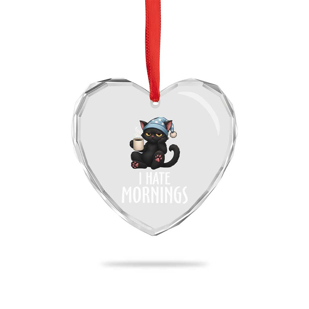 Funny I Hate Mornings Heart Crystal Glass Ornament Cute Lazy Cat Drink Coffee - Wonder Print Shop