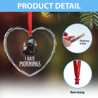 Funny I Hate Mornings Heart Crystal Glass Ornament Cute Lazy Cat Drink Coffee - Wonder Print Shop