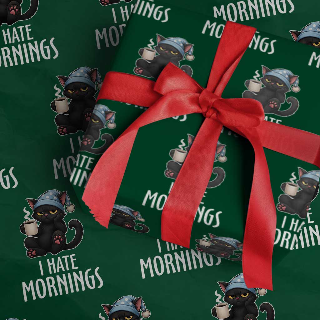 Funny I Hate Mornings Wrapping Paper Roll Cute Lazy Cat Drink Coffee - Wonder Print Shop