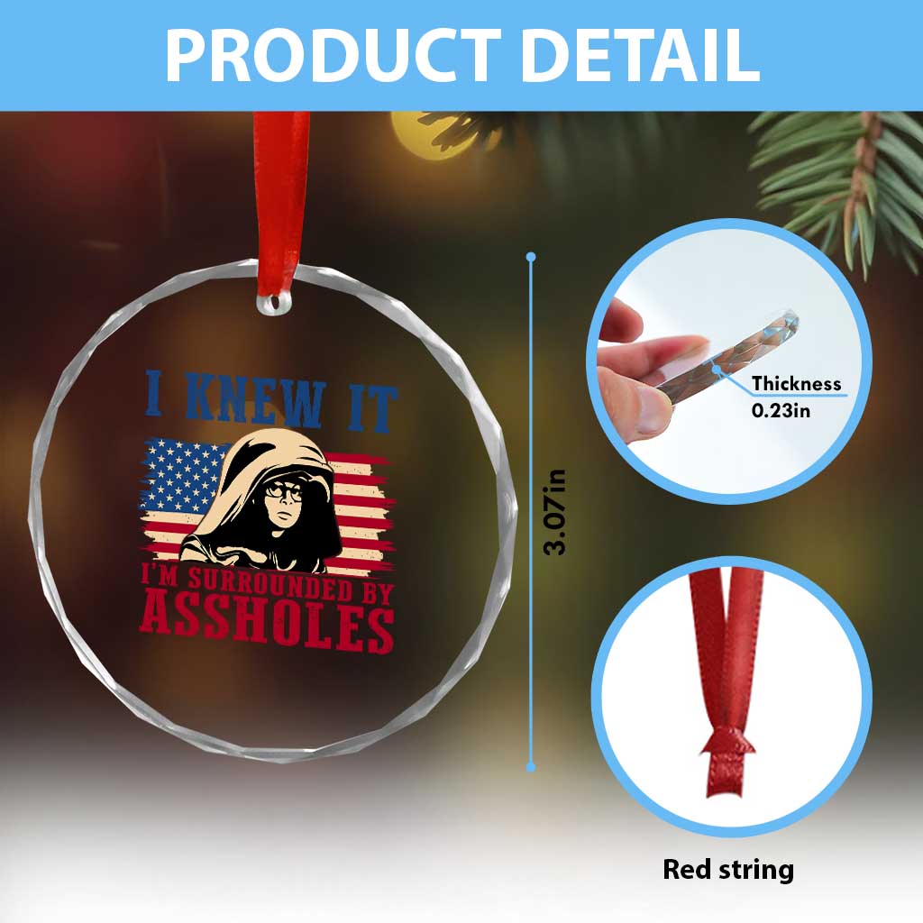 Funny I Knew It Im Surrounded by Axxholes Sci-fi Meme Crystal Glass Ornament Patriotic Space Parody USA Flag Sarcastic 1980s Movie Quote