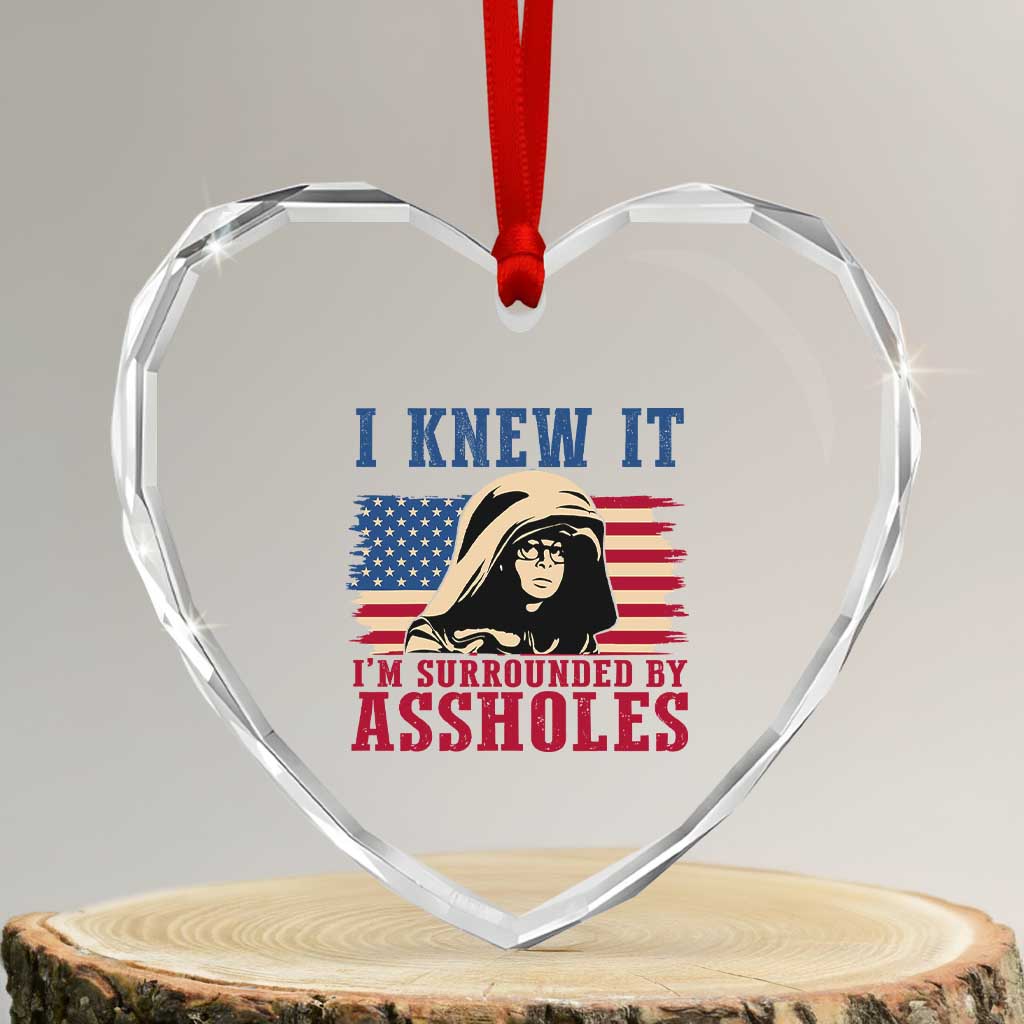 Funny I Knew It Im Surrounded by Axxholes Sci-fi Meme Heart Crystal Glass Ornament Patriotic Space Parody USA Flag Sarcastic 1980s Movie Quote