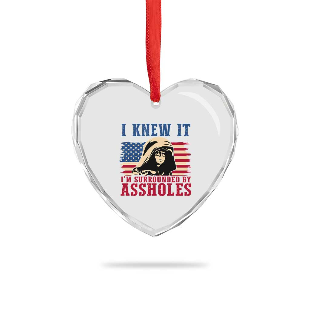 Funny I Knew It Im Surrounded by Axxholes Sci-fi Meme Heart Crystal Glass Ornament Patriotic Space Parody USA Flag Sarcastic 1980s Movie Quote